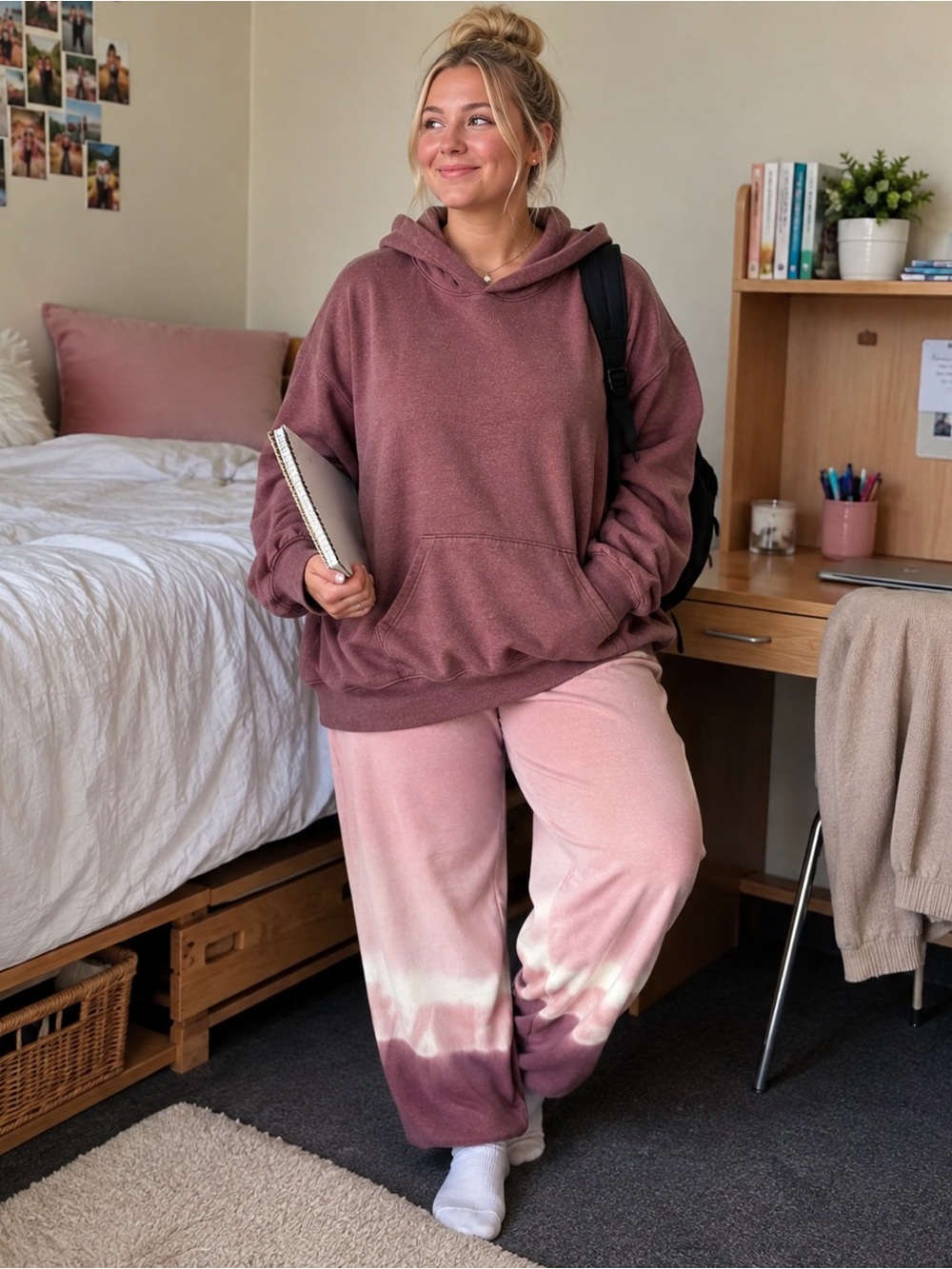 PINK Victoria's Secret Womens L Mauve Oversized Fleece Hoodie AND Free Joggers!